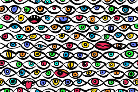 Crazy seamless pattern with hand drawn eyes on white background, trendy fabric design, raster illustration, cool designの写真素材