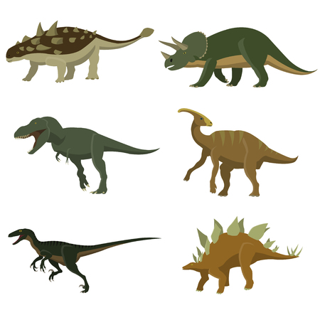 Set of dinosaurs. Stegosaurus, tyrannosaurus, triceratops, ankylosaurus, hidrosaurus, velciraptorのイラスト素材