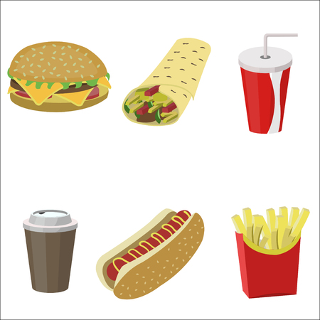 Set of colorful cartoon fast food icons.のイラスト素材