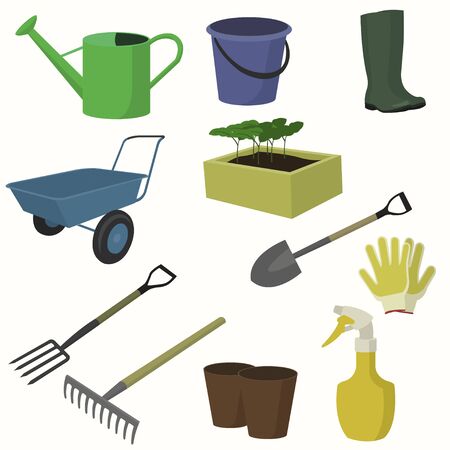 Vector big collection of gardening tools. Forks, rakes, watering can, bucket, boots, seedlings, shovel, forks, sprayer, gloves, cart, pots.の写真素材