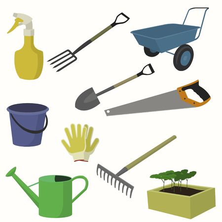 Vector big collection of gardening tools. Forks, rakes, watering can, bucket, boots, seedlings, shovel, forksの写真素材