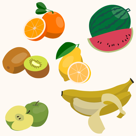 Set of colorful cartoon fruit icons. Vector illustration isolated on white.のイラスト素材