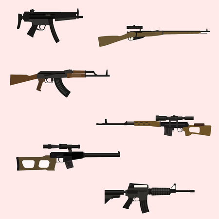 Firearm set. Automatic rifle, machine gun, isolated on pink backgroundのイラスト素材