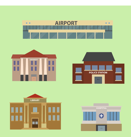 Set of various urban buildings with different design and sizes. isolated on green backgroundのイラスト素材