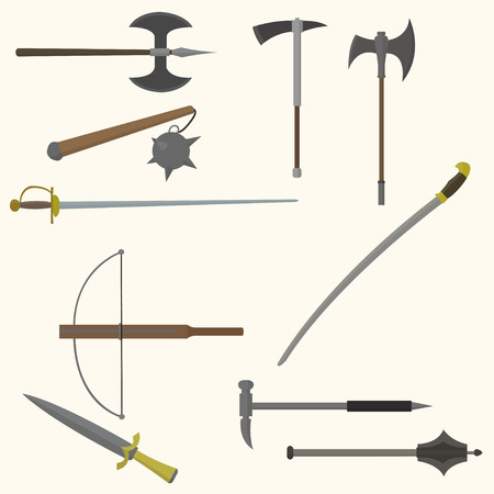 Collection set of different ancient weapons, cartoon illustration, isolated on whiteのイラスト素材