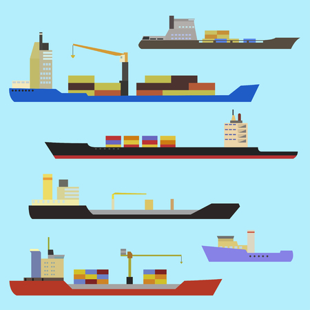 Set of ships in flat style. Set of container ship, bulker, ro-ro, tanker, dry cargo, ferry boat.のイラスト素材