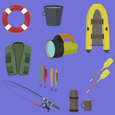 Various kinds of Fishing equipment. Vector illustration, isolated on purple background.のイラスト素材