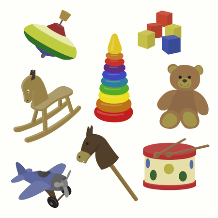 A colorful vector illustration of toy icons for baby, toddler, and childhood stage conceptのイラスト素材