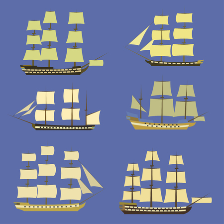 Sailing ships icon set, collection item isolated in purple backgroundのイラスト素材