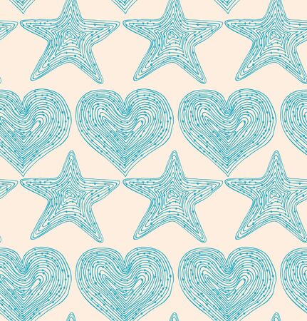 Bright blue seamless pattern with hearts and stars. Hand drawn linear texture. Design template for wallpapers, textile, clothes, web pages backgroundのイラスト素材