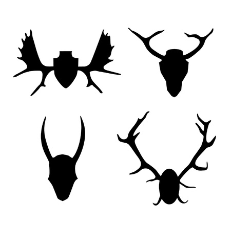 Set of contours horns, antlers. Icon collection black silhouettes of hunting trophies. Interior decorate element のイラスト素材