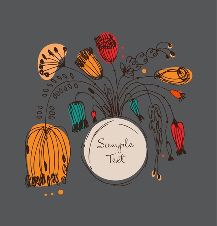 Round retro bunch of flowers with circle frame. Can use for cards, arts, invitations. Nature design elements のイラスト素材