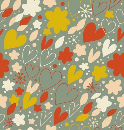 Abstract seamless pattern with many cute details. Decorative doodle background with hearts and flowers. Hand drawn damask texture for wallpapers, crafts, prints, textile のイラスト素材