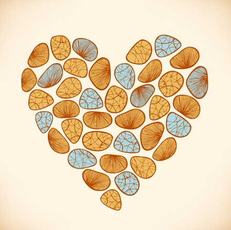 Amber heart with decorative shells and stones  Marine background for card, gifts, arts のイラスト素材