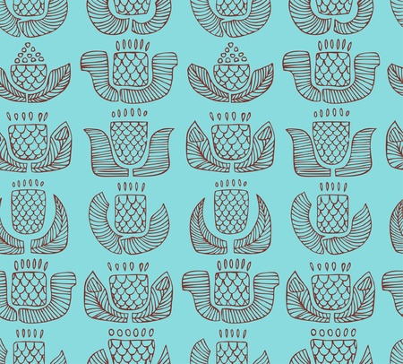 Contour ethnic pattern with different flowers, buds and leafs. Endless background with ornamental native elements. Hand drawn outline stylish texture for prints, covers, clothes, souvenirs のイラスト素材