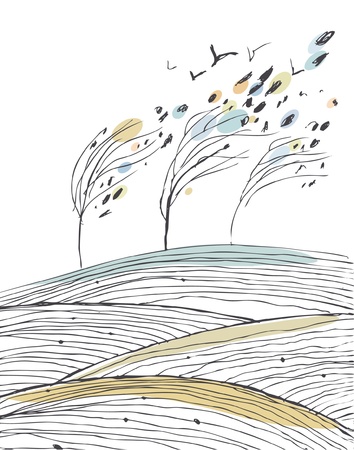 Autumn landscape with trees and fields  Leaf fall image  Wind  Birds  Rain  Nature illustration のイラスト素材