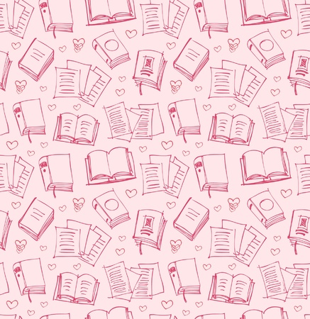 Pattern for girls with books, papers and hearts  Seamless background with sketches of copybooksのイラスト素材