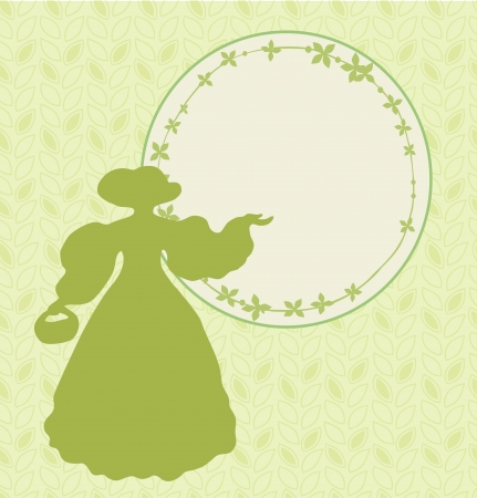 Banner with retro woman silhouette and round floral frame  Elegant template in vintage style for cards, labels, picnic invitationsのイラスト素材