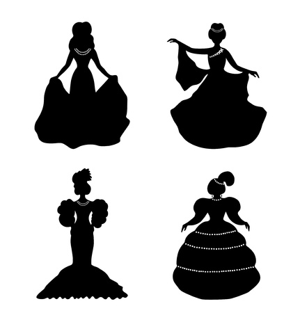 Black isolated women silhouettes  Vintage icons collection of retro women  Set of romantic women in modern dressesのイラスト素材