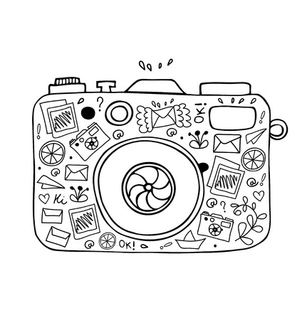 Vector illustration of detailed isolated image of camera with many cute detailsのイラスト素材