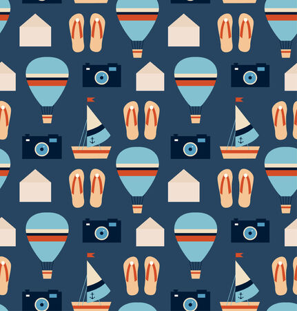Holiday traveler pattern  Seamless adventure background with sailboat, slipper, balloon, camera, etc のイラスト素材
