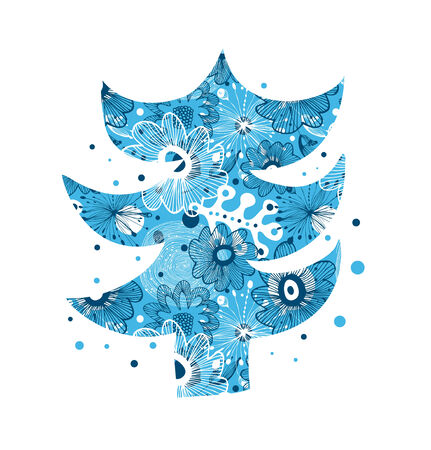 Beautiful decorative Christmas tree. Christmas ?ard template. Xmas banner with blue floral backgroundのイラスト素材