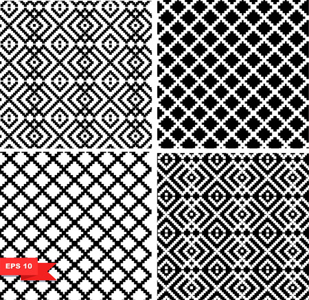 Decorative checkered black and white patterns set. Collection of vector geometric seamless backgroundのイラスト素材
