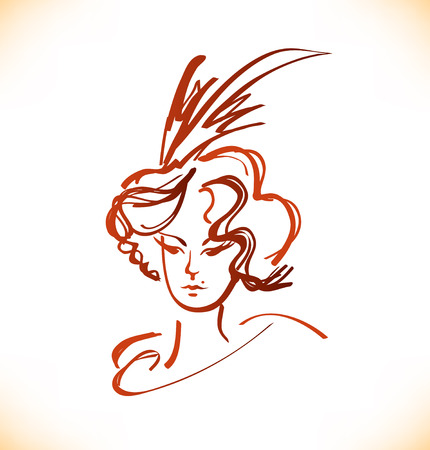 Sketch of woman face in vintage style. Vector  lady portraitのイラスト素材