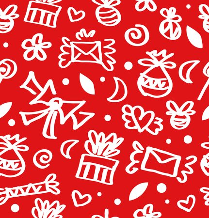 Decorative funny seamless pattern on red backdrop. Ornate pattern with gifts. letters, love symbols, bows and many cute details.のイラスト素材