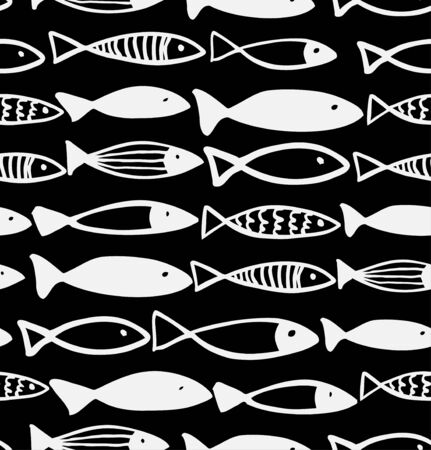 Decorative black and white pattern with fish. Seamless marine background. Grunge fabric textureのイラスト素材