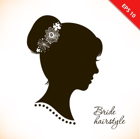 Bride hairstyle. Beautiful illustration with woman head silhouette. Vector isolated woman half face. Wedding symbol. Vintage romantic image of girl portrait. Beautiful lady coiffureのイラスト素材