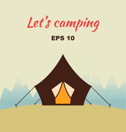Vector decorative camping concept silhouette with tent and nature around. Poster with nature viewesのイラスト素材