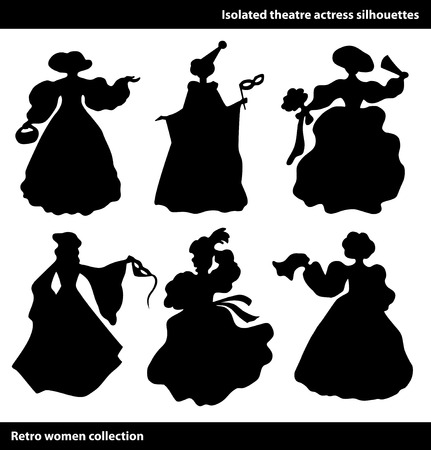 Black isolated theatre actress silhouettes. Vintage women set. Columbineのイラスト素材