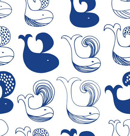 Cute seamless pattern with different whales silhouettes. Vector decorotive backgroundのイラスト素材