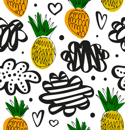 Natural drawn pattern with pineapples. Floral decorative pattern in scandinavian style. Vector summer textureのイラスト素材