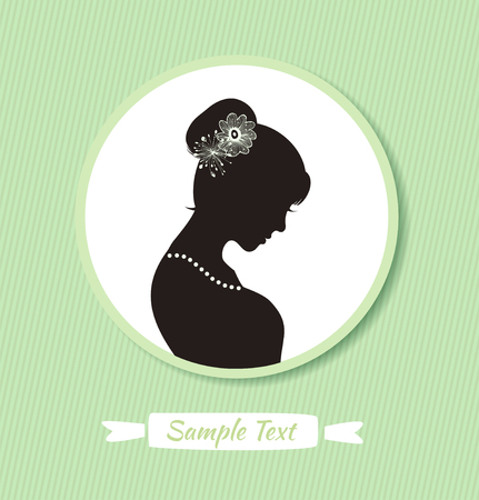 Romantic woman head silhouette in round frame. Vector Isolated woman half face. Vintage lady portrait. Contour image of headのイラスト素材