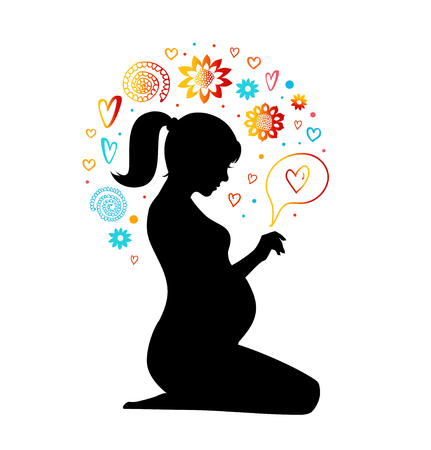Pregnant woman silhouette with artistic elements. New born with love. Vector beauty illustrationのイラスト素材