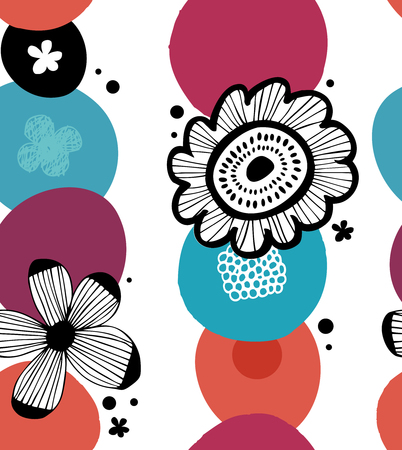 Floral colorful decorative pattern in scandinavian style. Abstract seamless background with stylized flowersのイラスト素材