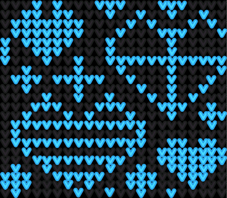 Template with stylized knite texture. Vector cartoon for embroidery, knitting. Decorative seamless backdrop, lovely contrast pattern with blue hearts on blackのイラスト素材