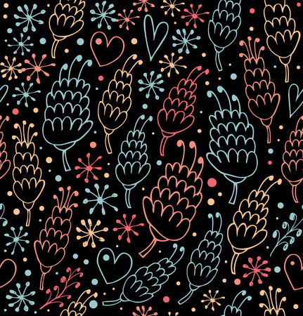 Colorful seamless pattern with flowers and hearts. Fantasy beauty background for prints, textile, scrapbooking, craft papers. Wallpapersのイラスト素材