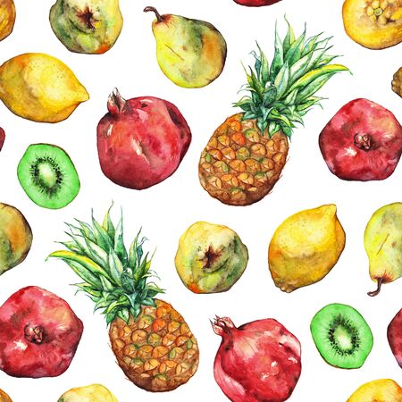 Watercolor pineapple pomegranate lemon pear kiwi fruit seamless pattern.の写真素材