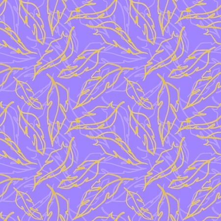 Golden yellow violet feather leaf symbol seamless pattern texture background.の写真素材