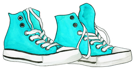 Watercolor mint blue turquoise sneakers pair shoes isolated vector.のイラスト素材