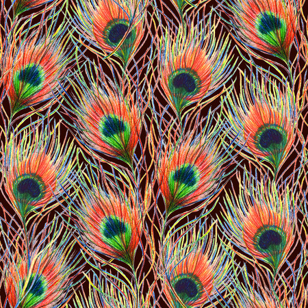 Rainbow colorful peacock bird feather seamless pattern background texture.の写真素材