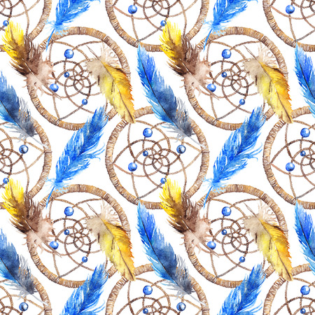 Watercolor ethnic tribal hand made feather dream catcher seamless pattern.の写真素材