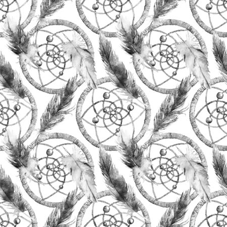 Watercolor ethnic tribal hand made feather dream catcher seamless pattern.の写真素材