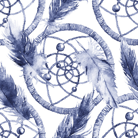 Watercolor ethnic tribal hand made feather dream catcher seamless pattern.の写真素材