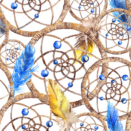 Watercolor ethnic tribal hand made feather dream catcher seamless pattern.の写真素材