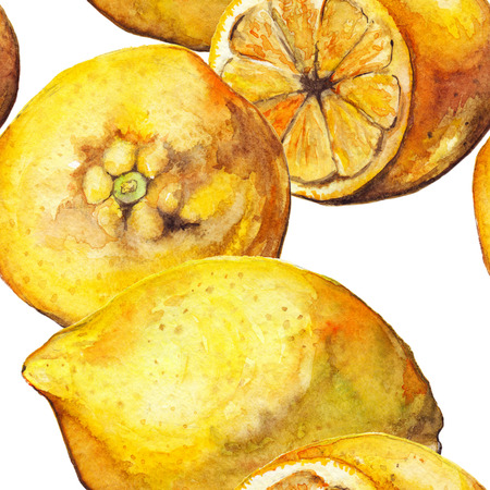 Watercolor yellow lemon citrus fruit seamless pattern background texture.の写真素材