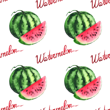 Watercolor watermelon and red slice seamless pattern vector.のイラスト素材
